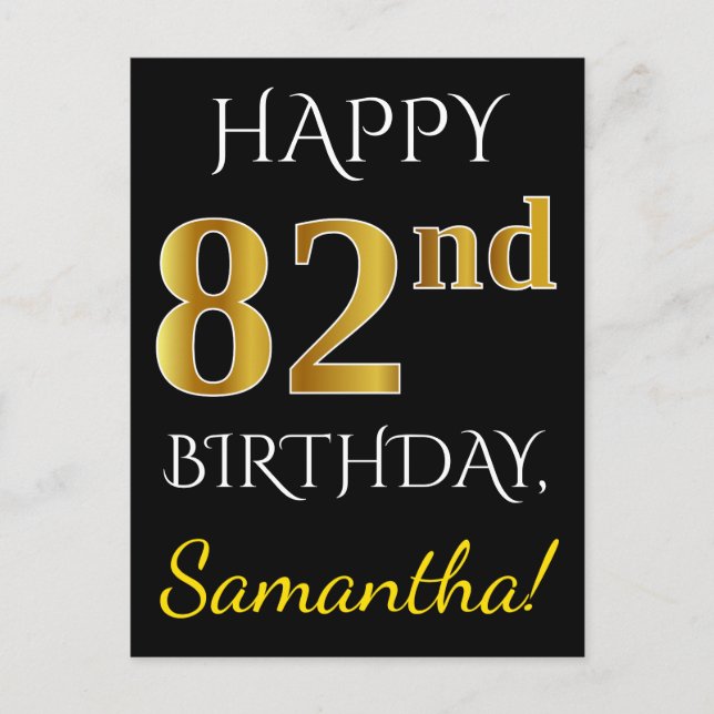 Black, Faux Gold 82nd Birthday + Custom Name Postcard (Front)