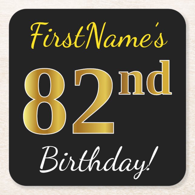 Black, Faux Gold 82nd Birthday + Custom Name Square Paper Coaster (Front)
