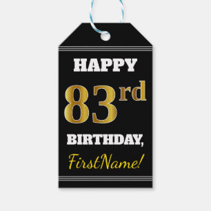 Black, Faux Gold 83rd Birthday + Custom Name Gift Tags