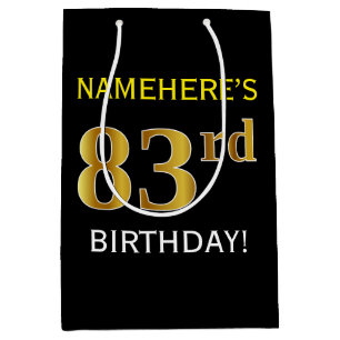Black, Faux Gold 83rd Birthday + Custom Name Medium Gift Bag