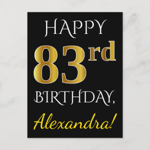 Black, Faux Gold 83rd Birthday + Custom Name Postcard