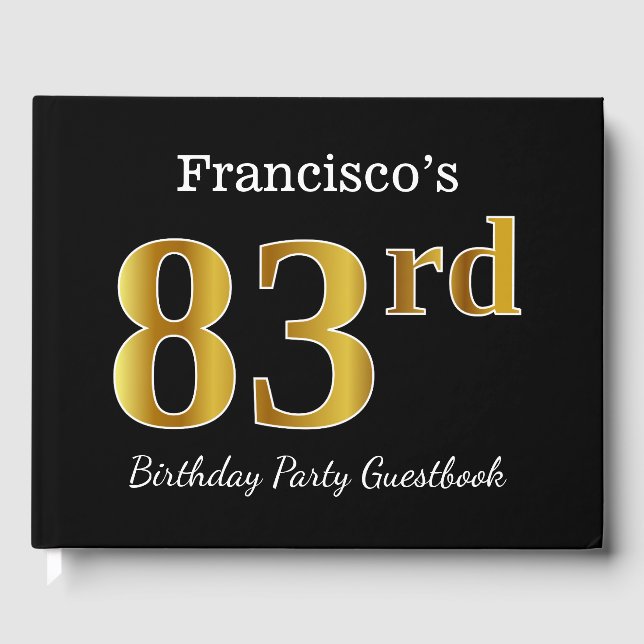Black, Faux Gold 83rd Birthday Party + Custom Name Guest Book (Front)
