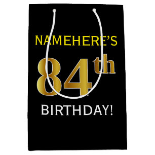Black, Faux Gold 84th Birthday + Custom Name Medium Gift Bag