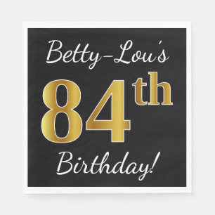 Black, Faux Gold 84th Birthday + Custom Name Napkin