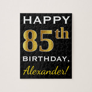 Black, Faux Gold 85th Birthday + Custom Name Jigsaw Puzzle