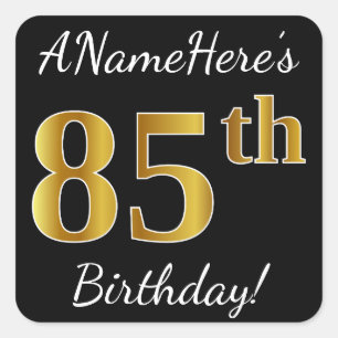 Black, Faux Gold 85th Birthday + Custom Name Square Sticker