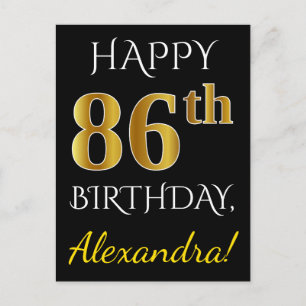 Black, Faux Gold 86th Birthday + Custom Name Postcard