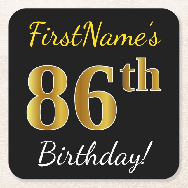 Black, Faux Gold 86th Birthday + Custom Name Square Paper Coaster (Front)