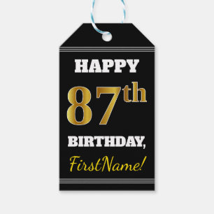 Black, Faux Gold 87th Birthday + Custom Name Gift Tags