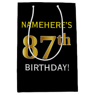 Black, Faux Gold 87th Birthday + Custom Name Medium Gift Bag