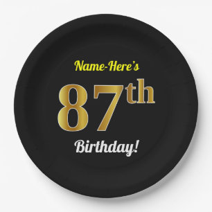 Black, Faux Gold 87th Birthday + Custom Name Paper Plate