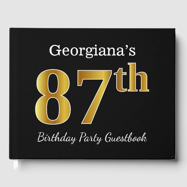 Black, Faux Gold 87th Birthday Party + Custom Name Guest Book (Front)
