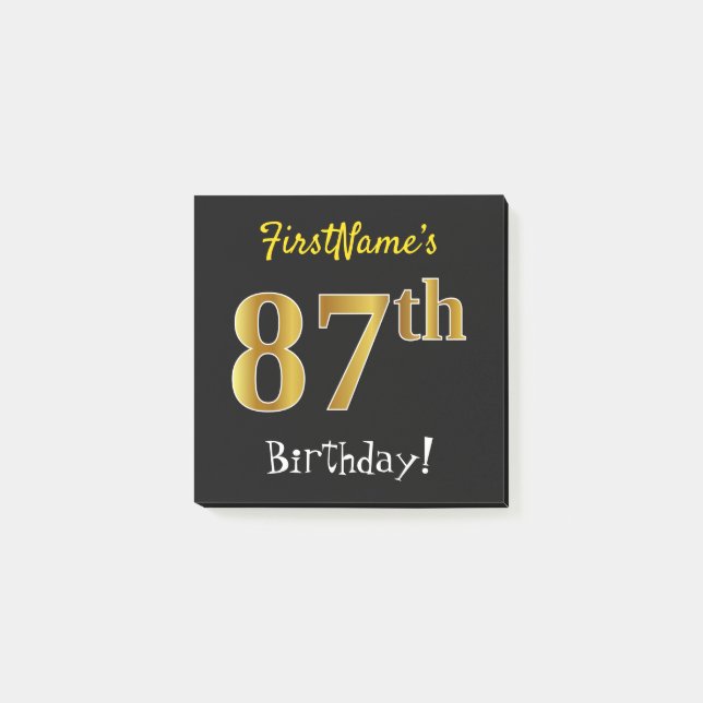 Black, Faux Gold 87th Birthday, With Custom Name Post-it Notes (Front)