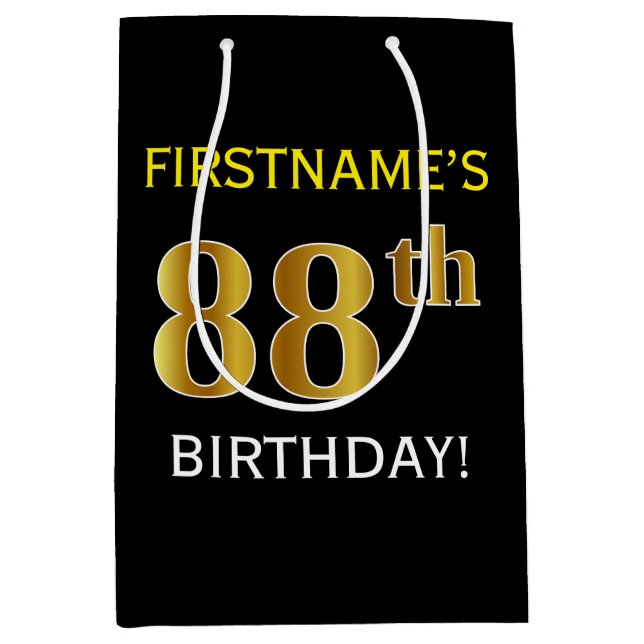 Black, Faux Gold 88th Birthday + Custom Name Medium Gift Bag (Front)