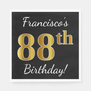Black, Faux Gold 88th Birthday + Custom Name Napkin
