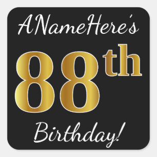 Black, Faux Gold 88th Birthday + Custom Name Square Sticker