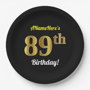 Black, Faux Gold 89th Birthday + Custom Name Paper Plate