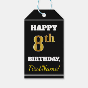 Black, Faux Gold 8th Birthday + Custom Name Gift Tags