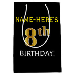 Black, Faux Gold 8th Birthday + Custom Name Medium Gift Bag