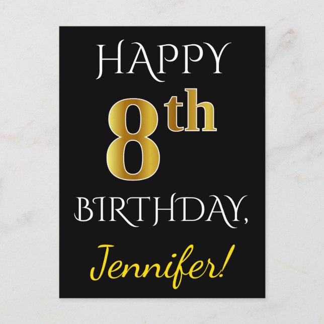 Black, Faux Gold 8th Birthday + Custom Name Postcard (Front)