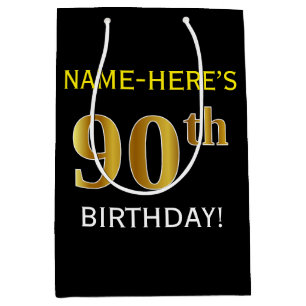 Black, Faux Gold 90th Birthday + Custom Name Medium Gift Bag