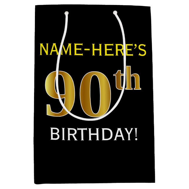 Black, Faux Gold 90th Birthday + Custom Name Medium Gift Bag (Front)