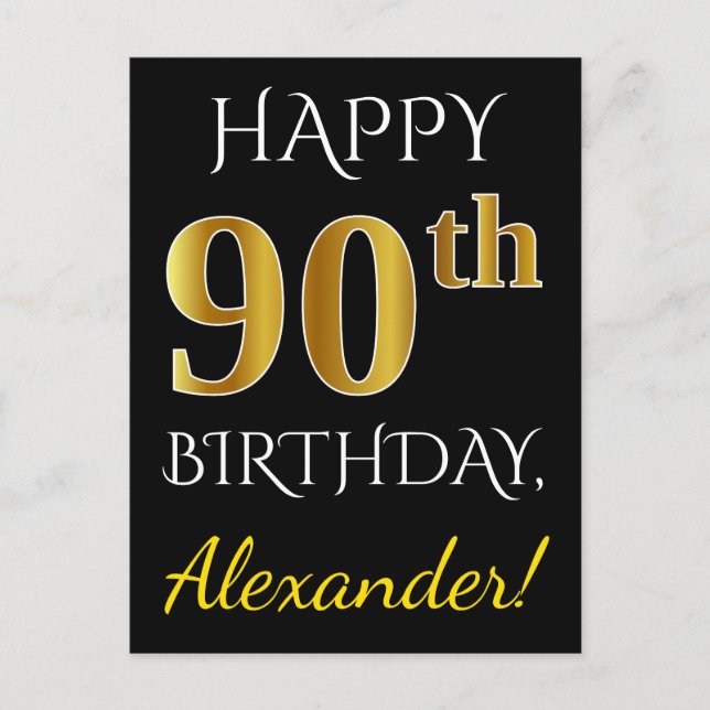Black, Faux Gold 90th Birthday + Custom Name Postcard (Front)
