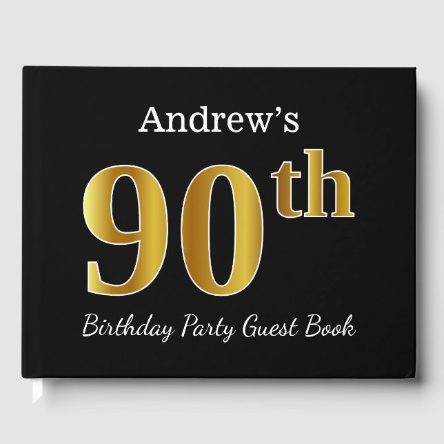 Black, Faux Gold 90th Birthday Party + Custom Name Guest Book (Front)