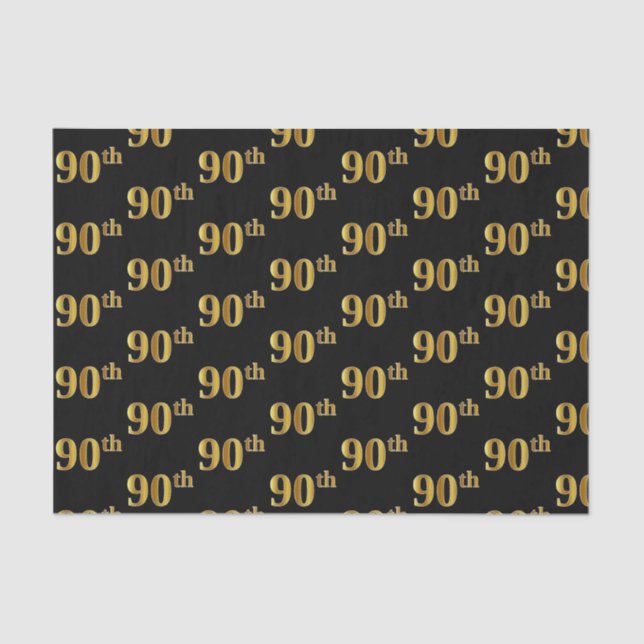 Black, Faux Gold 90th (Ninetieth) Event Tissue Paper (Front)