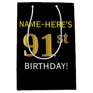 Black, Faux Gold 91st Birthday + Custom Name Medium Gift Bag