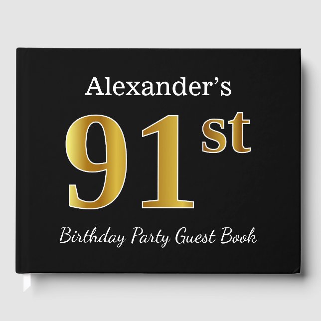 Black, Faux Gold 91st Birthday Party + Custom Name Guest Book (Front)