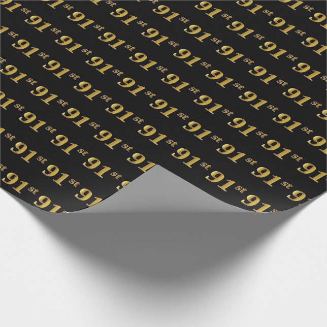 Black, Faux Gold 91st (Ninety-First) Event Wrapping Paper (Corner)