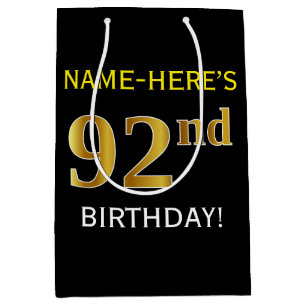 Black, Faux Gold 92nd Birthday + Custom Name Medium Gift Bag