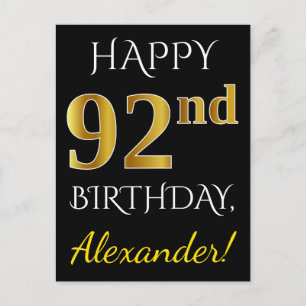 Black, Faux Gold 92nd Birthday + Custom Name Postcard