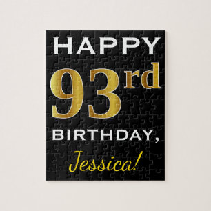 Black, Faux Gold 93rd Birthday + Custom Name Jigsaw Puzzle