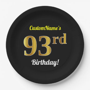 Black, Faux Gold 93rd Birthday + Custom Name Paper Plate