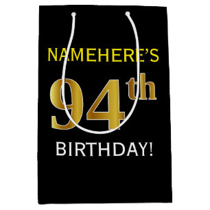 Black, Faux Gold 94th Birthday + Custom Name Medium Gift Bag