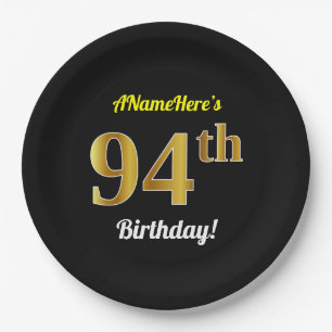 Black, Faux Gold 94th Birthday + Custom Name Paper Plate