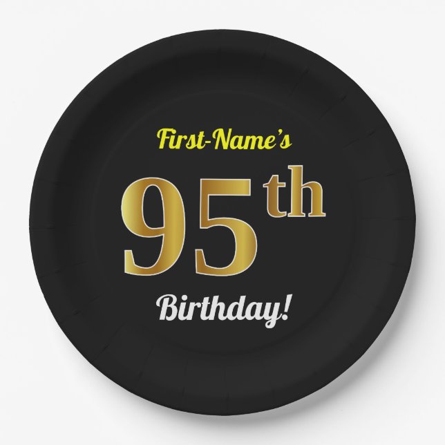 Black, Faux Gold 95th Birthday + Custom Name Paper Plate (Front)