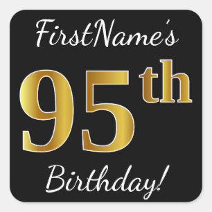 Black, Faux Gold 95th Birthday + Custom Name Square Sticker