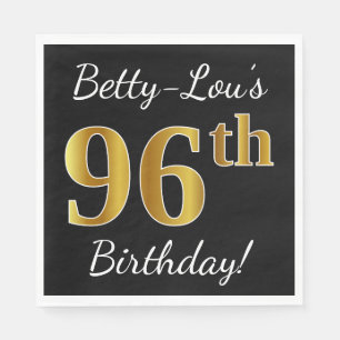 Black, Faux Gold 96th Birthday + Custom Name Napkin