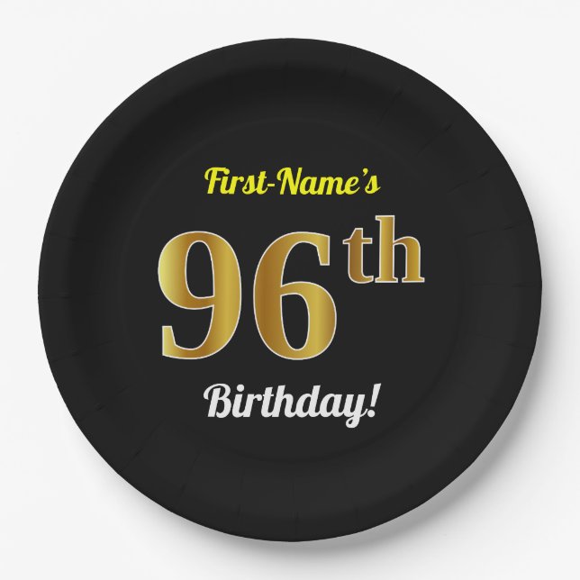 Black, Faux Gold 96th Birthday + Custom Name Paper Plate (Front)