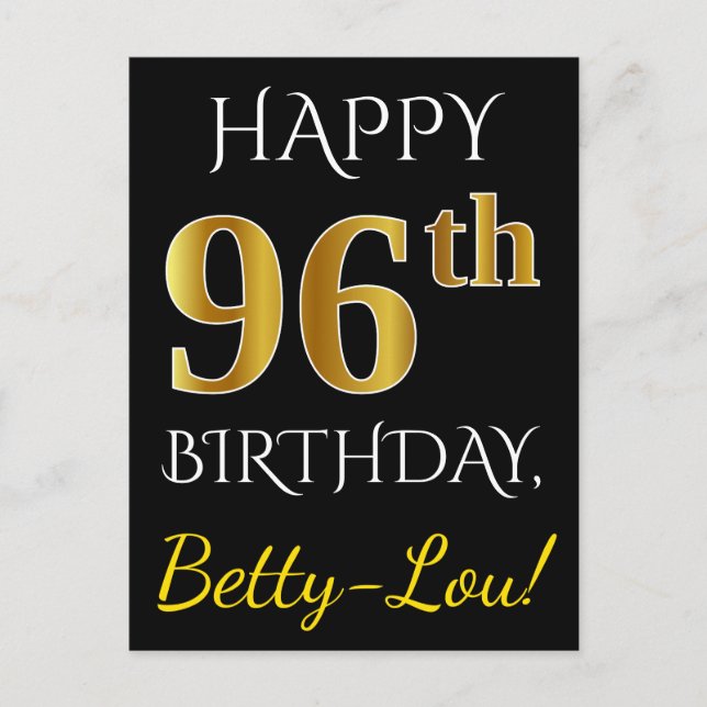 Black, Faux Gold 96th Birthday + Custom Name Postcard (Front)