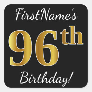 Black, Faux Gold 96th Birthday + Custom Name Square Sticker