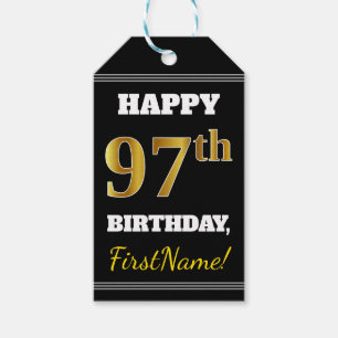 Black, Faux Gold 97th Birthday + Custom Name Gift Tags