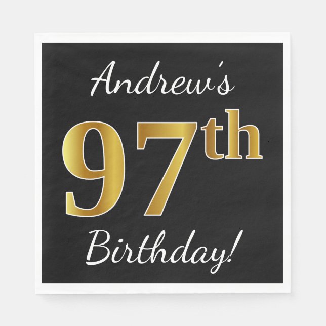 Black, Faux Gold 97th Birthday + Custom Name Napkin (Front)