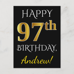 Black, Faux Gold 97th Birthday + Custom Name Postcard