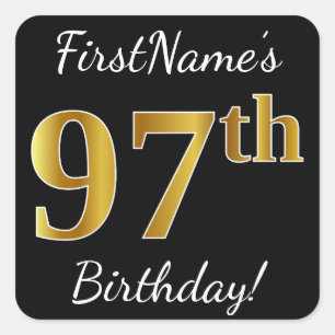 Black, Faux Gold 97th Birthday + Custom Name Square Sticker