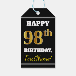 Black, Faux Gold 98th Birthday + Custom Name Gift Tags