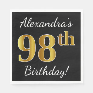 Black, Faux Gold 98th Birthday + Custom Name Napkin